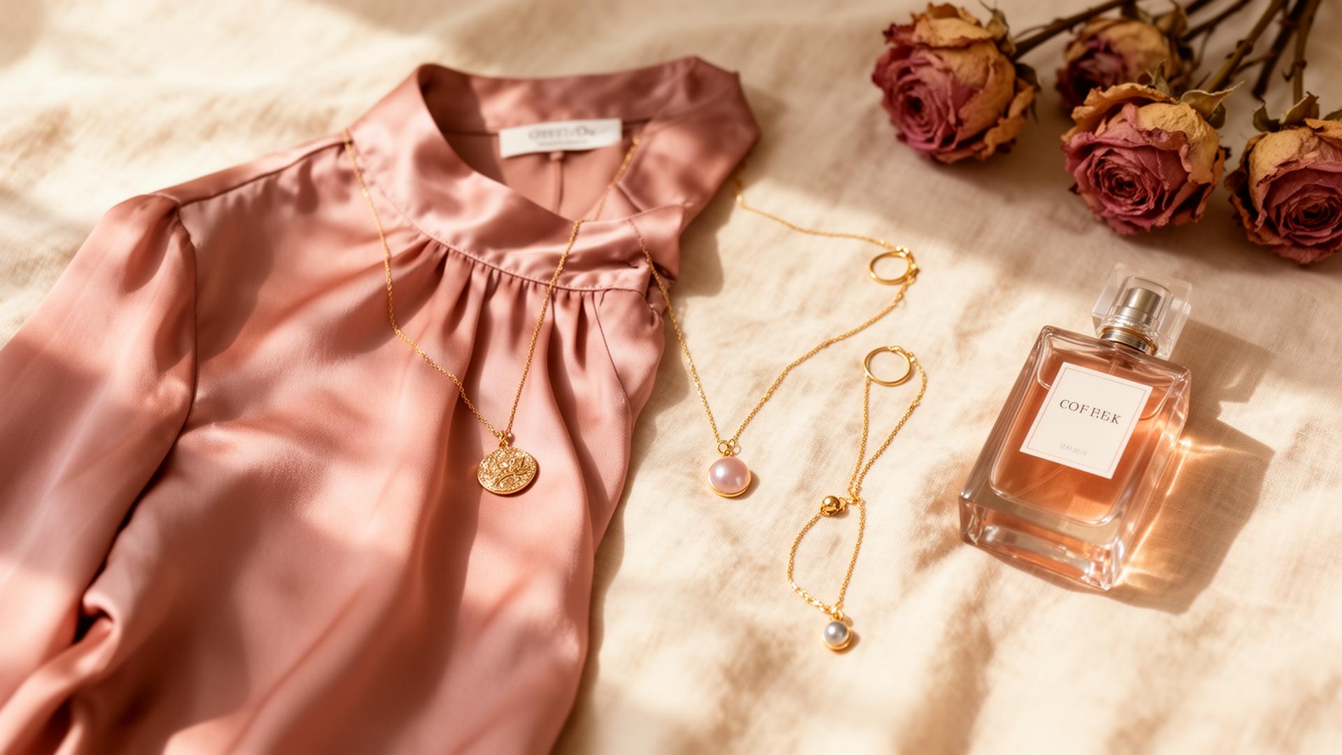 Silk blouse, gold jewelry and dried roses